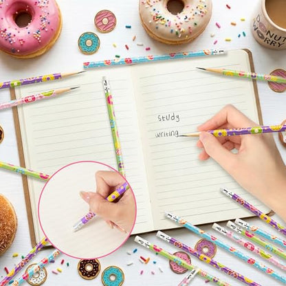 Xqumoi 60Pcs Doughnut Pencils with Erasers - Cute Donut Themed #2 HB Wooden Pencils in Bulk Birthday Party Favors Classroom Student Rewards Goodie Bag Fillers Stuffers Back to School Gift - style: Doughnut