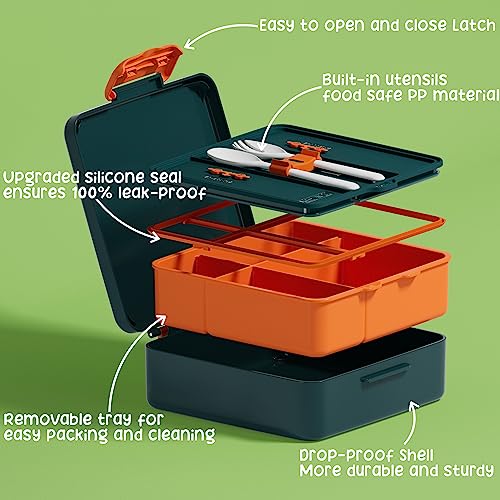 Fimibuke Kids Bento Lunch Box with 4 Compartments, Insulated lunch Bag, Stainless Steel Insulated Water Bottle, Ice Pack & Utensils Set, Birthday Gifts for Ages 3-12 Back to School Toddler Girls Boys - color: A6. Green Dinosaur
