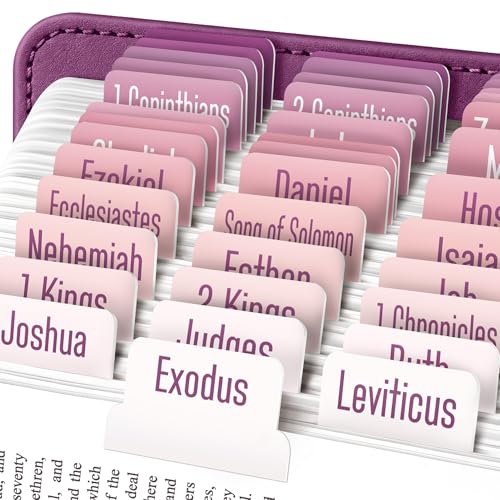 EssexWares – Purple & Pink Solid Color Bible Tabs for Old and New Testament, 80 Large Print Tabs for Bible Study, Water-Resistant and Durable Bible Index Tabs for Women and Men - 1.7" Wide - color: Purple & Pink