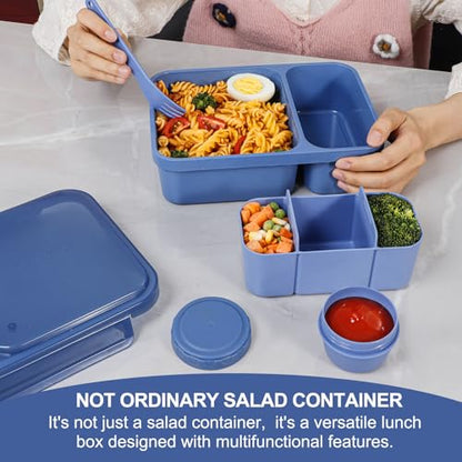 Caperci 2 Pack Salad Containers - Extra-Large 62oz Bento Lunch Box for Adults, 2-Compartment Meal Prep Container with Removable Toppings Tray, Sauce Cup, Reusable Fork, BPA-Free (Navy & Pink) - color: Navy Blue & Pink