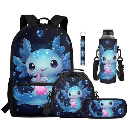 Blue Axolotl Kids School Backpack Set 5 Pieces with Lunch Bag Pencil Case and Water Bottle Carrier Large Capacity Backpack for Elementary Middle School and Travel - color: Blue Axolotl