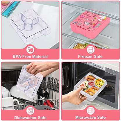 Pawtong Bento Lunch Box Set With 10oz Soup Thermo, Leak-proof Lunch Containers with 4 Compartment, Kids Hot Thermo Food Jar/Insulation Lunch Bag, Food Containers for School（Flamingo） - color: Pink-flamingo