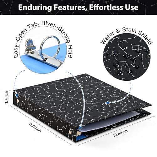 SUIN 1-inch 3-Ring-Binder with Pockets, Decorative 12 Zodiac Star Chain, 1" Stylish Round Ring Binder for Work/Home/Back to School,2-Pack
