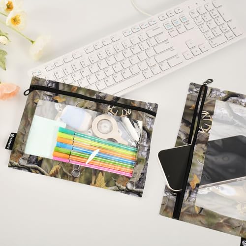 Camo Deer Hunting Pencil Pouches for 3 Ring Binder, Zipper Binder Pencil Case, 2 Pack Clear Window Case Bag for Office Organizers - color: Camo Deer Hunting