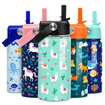 SANDJEST Kids Water Bottle Alpaca Llama Water Bottles 12oz with Straw Insulated Stainless Steel Travel School Tumbler Double Wall Vacuum Cup for Girls Kid - color: Llama