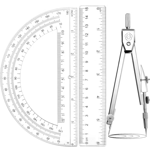 Zonon 3 Pcs Plastic Ruler 6 Inch Protractor Drawing Compass Set, Student Geometry Math Transparent Measuring Tools for Home School Classroom Office Supplies(6 Inch,Clear) - color: Clear, size: 6 Inch