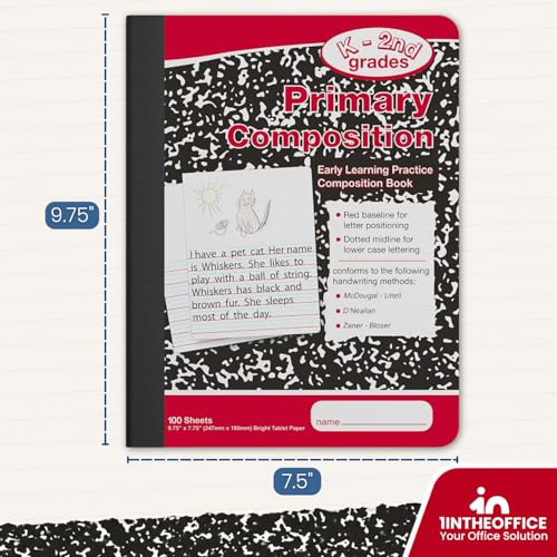 1InTheOffice Primary Composition Notebook K-2, Primary Journal, Kindergarten Notebook, 7.5" x 9.75", 100/Sheets, Red/Black Marble, 2 Pack