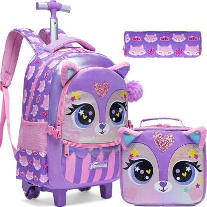 Rolling Backpack for Girls Backpacks with Wheels for Elementary Preschool Students Kids 2 in 1 Travel Luggage Carry on Suitcase with Pencil Case for Girls Age 8-10 - color: Purple 01