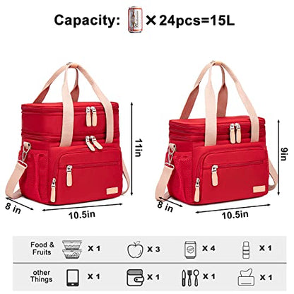 Weitars Lunch Bag for Women, Loncheras Para Mujer Waterproof Reusable Large Dual Compartment Lunch Box Wide-Open Cooler Tote Bag For Nurse Office Working Picnic Hiking (15L) (Red) - color: Red