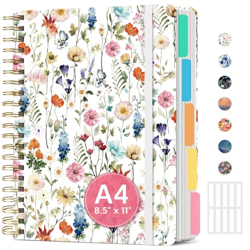 Large Spiral Lined Notebooks for Work with Removable Dividers & Tabs, 8.5"x11" Pretty Hardcover 5 Subject Notebook Journal for Women, College Ruled, Perfect for Study & Office Organization, 280 Pages,Wildflowers - color: A - Wildflowers