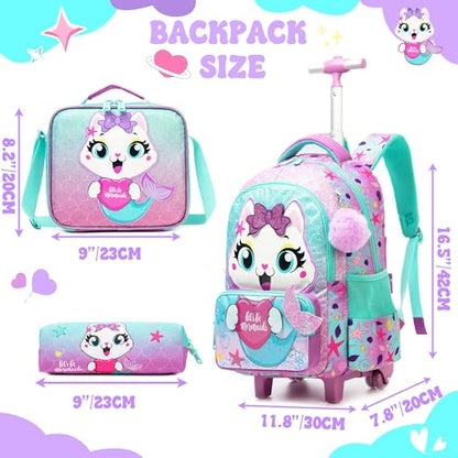 Cute Cat Rolling Backpack with Wheels for Elementary Preschool Students Kids Travel Luggage Carry on Backpack for Girls Ages 6-8 - color: 01 Mermaid Cat