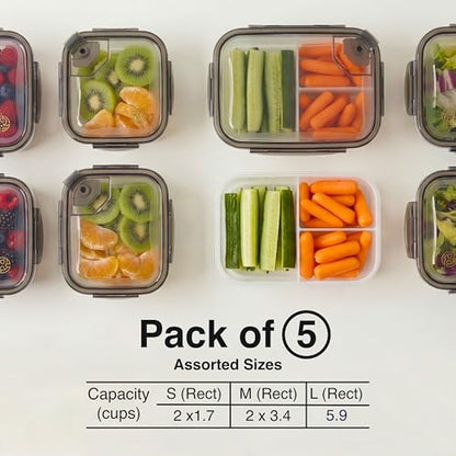 BPA-Free Plastic Airtight Food Storage Containers with Vented Lids, 5-Pack Assorted Sizes (2×1.7, 2×3.4 & 1×5.9 Cups) for Meal Prep and Leftovers - size: Pack of 5 (2×1.7, 2×3.4 & 1×5.9 Cup)