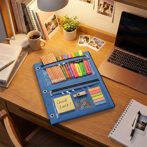 SKYDUE Binder Pencil Pouch for 3 Ring Binder, 3 Compartment Zipper Case, Large Capacity Pen Organizer with Clear PVC Window for School Supplies, Students, Kids & Teachers - color: Navyblue