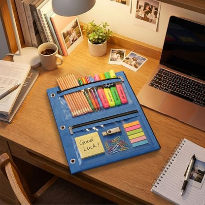 SKYDUE Binder Pencil Pouch for 3 Ring Binder, 3 Compartment Zipper Case, Large Capacity Pen Organizer with Clear PVC Window for School Supplies, Students, Kids & Teachers - color: Navyblue