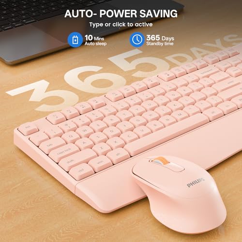 PHILIPS Wireless Keyboard and Mouse Combo-Ergonomic Keyboard and Mouse Wireless Combo with Silent Design,Plug n' Play,Sleep Mode and 2.4GHz Keyboard for Mac, Windows, Laptop-Pink - color: Pink