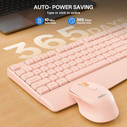 PHILIPS Wireless Keyboard and Mouse Combo-Ergonomic Keyboard and Mouse Wireless Combo with Silent Design,Plug n' Play,Sleep Mode and 2.4GHz Keyboard for Mac, Windows, Laptop-Pink - color: Pink