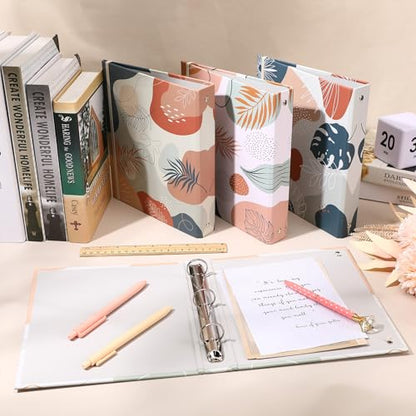 Colarr 4 Pcs Mini 3 Ring Economy Binders for 5.5" x 8.5" Paper for School, Office and Home Use, Cute Boho Leaves Small 1 Inch Round Three Ring A5 Binders with Elastic Cord, Decorative Hardcover - style: Boho Leaves