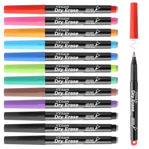 YISAN Dry Erase Markers Ultra Fine Tip,0.7mm Extra Fine Point, Magnetic Whiteboard Markers with Eraser,Assorted Colors,Low Odor,12 Count,70566 - color: Multicolor