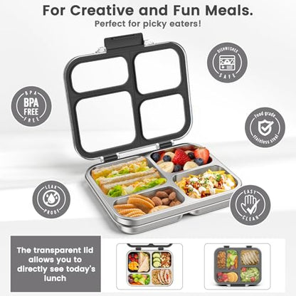 Stainless Steel Bento Box for Kids Adults with Silicone Container, Leak Proof 4 Compartments Metal Lunch Box, Removable Silicone Seal & Clear Lid Food Container for School Office, BPA-Free(Black) - color: Black