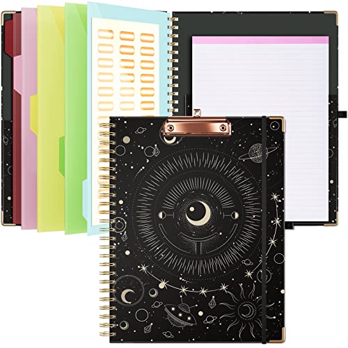 Ospelelf Clipboard with Storage 8.5 X 11，Padfolio Organizer, Spiral Portfolio Letter Size with Notepad, Pen Holder, 5 Extra Folder Divider Pages, Elastic Closure Nurse Office Essentials (Black Tarot) - color: Black Tarot