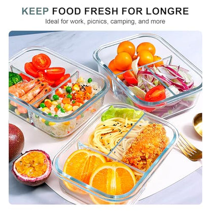 KOMUEE Glass Meal Prep Containers 3 Compartments, 5 Pack 36 oz, Glass Food Storage Containers with Lids, Airtight Lunch Bento Box, Portion Control, Freezer and Microwave Safe, Green - color: Green