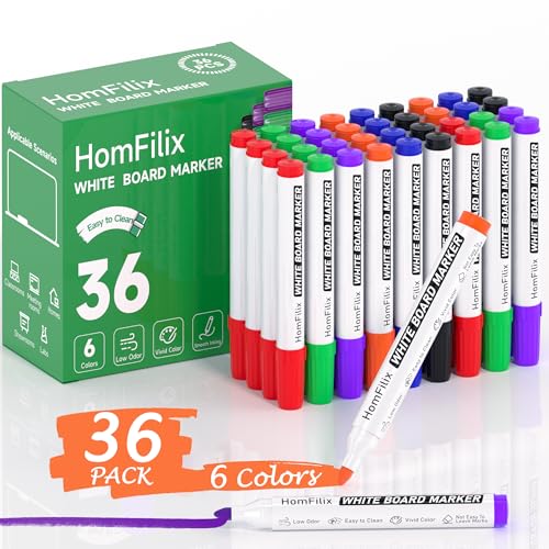 White Board Markers Dry Erase 36 Pack, 6 Assorted Colors (Red/Blue/Black/Green/Orange/Purple) with 2 mm Bold Bullet Tip, Plant-Based Low-Odor Ink | Bulk Dry Erase Marker Set for Office Use - size: 36 Count (Pack of 1)