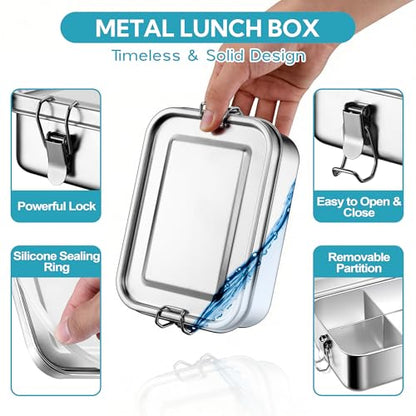 E-far Stainless Steel Lunch Box, 49oz Metal Bento Box Lunchbox w/Leak Proof Lid, 1400ml Medium Food Container w/Removable Divider & Bag, Reusable 3-Compartment Bento Lunch Container for Camping Picnic - size: 1400ML + Cloth bag