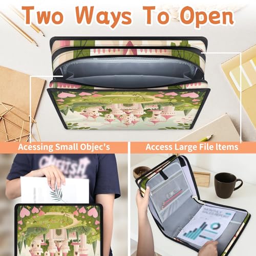 Castle Pink Zipper Binder, 3 D-Ring Expanding File Folder with Handle & Adjustable Shoulder Strap, 400 Sheets Capacity Multi-Pocket Organizer for 13 Inch Laptop - color: Castle Pink