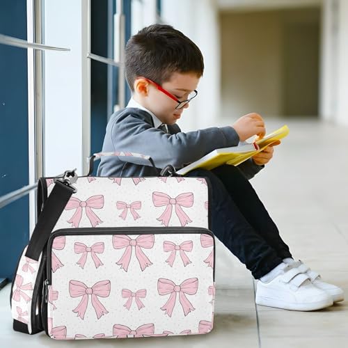 Pink Bows Waterproof Zipper Binder with Shoulder Strap, 3-Ring Trapper Keeper with Lay-Flat Design and Multiple Compartments for School & Office, Adults & Kids