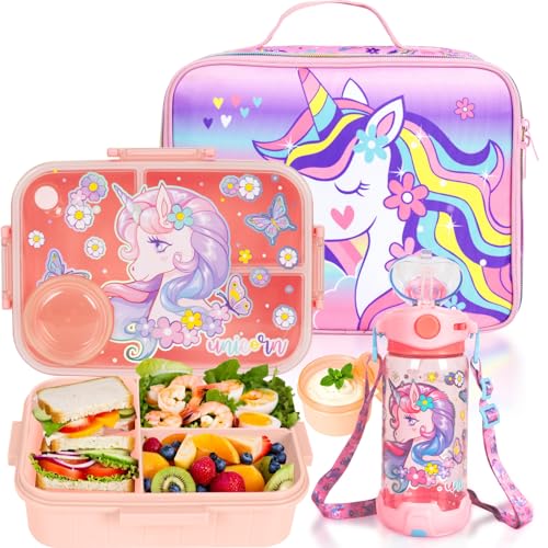 Kids Bento Lunch Box Set with 1200ml Leak-Proof Lunch Containers with 3 Compartments, 22oz BPA-Free Water Bottle, Insulated Lunch Bag for Back to School Kids Girls Boys - color: Unicorn