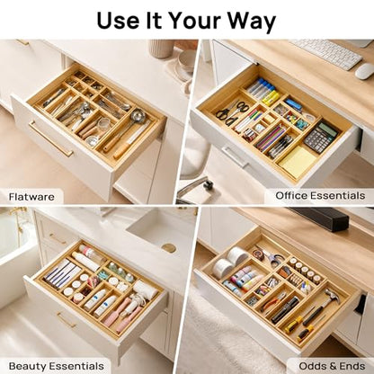 Vtopmart Bamboo Drawer Organizer Boxes - Set of 2 Multi-purpose Wooden Storage Dividers for Kitchen, Bathroom, Office, Desk, Makeup, Jewelry & More, Non-Slip Junk Drawer Organizer Trays for Storage - style: 2 Boxes