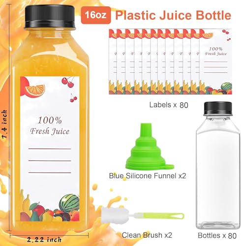 OBKJJ 80pcs 16oz Pcs Juice Bottles, Juice Bottle with Caps Reusable Empty Clear Bottles with Label, Funnel, Brush Bulk Beverage Containers for Juicing, Drinking, Smoothie and Other Beverages (16oz) - size: 16oz