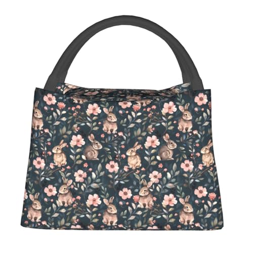 Cute Rabbit Floral Reusable Lunch Box, Flower Bunny Lunchbox for Girls Women, Insulated Lunchbag, 11in*6.3in*6.7in, Gifts Makeup Bag, Forest Portable Handbag for Picnic Work Travel Beach Hiking - color: Rabbit