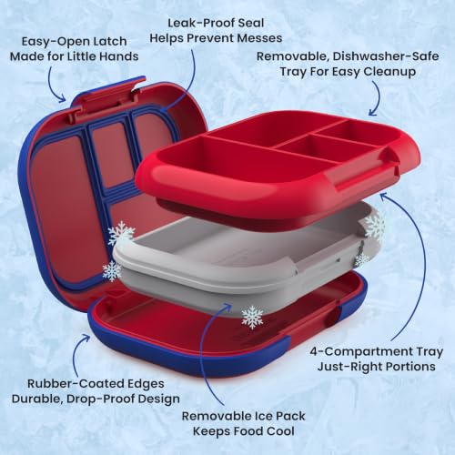 Bentgo Chill Kids Leakproof Lunch Box - 4-Compartment Bento Box with Built-In Ice Pack, 3.3 Cup Capacity, BPA-Free, Microwave & Dishwasher Safe Tray, Ages 3–7 (Red/Royal) - color: Red/Royal