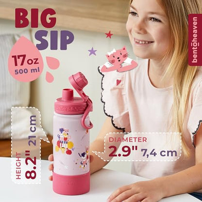 Bentoheaven Kids Water Bottle Stainless Steel for Boys & Girls, Pink | Reusable 17 oz insulated metal tumbler with 2 lids (chug and straw), leakproof design, silicone boot for school and sports. - color: Rose Pink