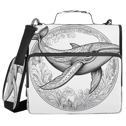 3 Ring Zipper Binder Black White Lines Whale Floral Binders Bag with Shoulder Strap 500 Sheets Paper Organizer Trapper Keeper Documents Storage File Folder for School Office - color: A432