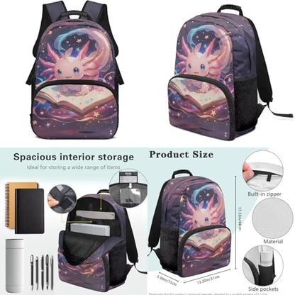 17 Inch Kid's 4PCS Backpack Set, Back to School Essentials | Insulated lunch box, water bottle pouch, pencil case, lightweight, padded shoulder straps, for elementary, middle school - color: Galaxy Axolotl