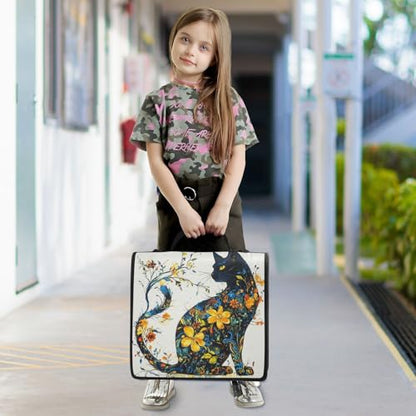 Zipper Binder Cat Flower Cute Black 1.5 inch 3 Ring Binder Bag with Multiple Pockets, 500 Sheet Capacity with Shoulder Strap