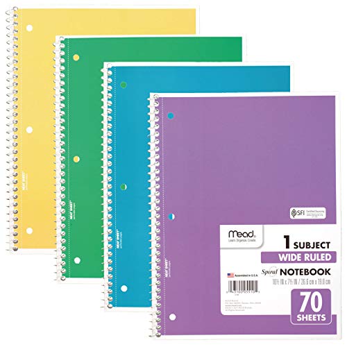 Mead Spiral Notebook, 4 Pack, 1 Subject, Wide Ruled Paper, 7-1/2" x 10-1/2", 70 Sheets per Notebook, Colors Will Vary (930200-ECM25) - color: Primary Colors, size: Pack of 4