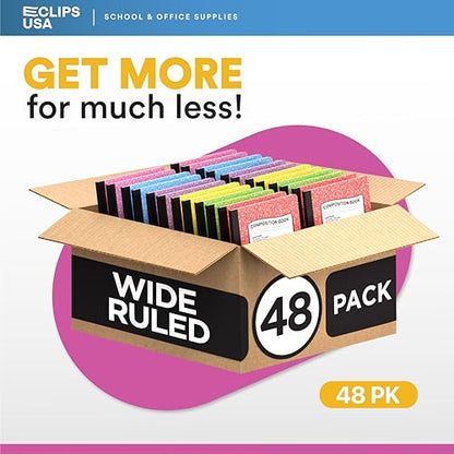 E-CLIPS USA Wide Ruled Composition Notebook Wide Ruled Hardcover Notebooks for School Supplies Notebooks Bulk Hardcover Notebook Pastel 100 Sheets 200 Pages 9.75” x 7.25” (6 Pack, Wide Ruled) - size: 6 Pack