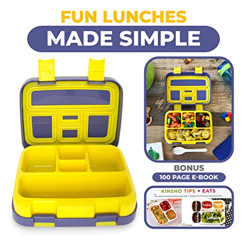 kinsho Bento Lunch Box For Kids Toddlers Boys, 5 Portion Sections Secure Lid, Microwave Safe Bpa Free Removable Tray, Pre-School Daycare Divided Snack Container Ages 3 To 5, Blue Yellow Trucks - color: Blue Yellow Truck Bento