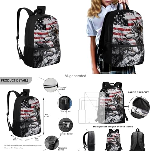 American Flag Wolf Backpack for Boys Kids Backpack with Lunch Box Water Bottle Bag and Soft Pencil Case 4PCS Set Bookbag with Front Pocket for School Teens 17 inch Large Capacity School Bag - color: American Flag Wolf