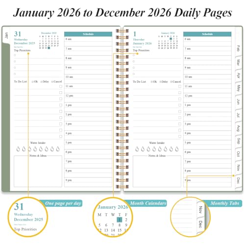 Daily Planner 2026 Full Page Per Day- 2026 Daily & Monthly Planner from January 2026 to December 2026, Day Planner 2026 with 12 Months Tabs, 6.4" x 8,5", Green - color: Green, size: 6.4" x 8.5"