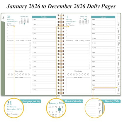 Daily Planner 2026 Full Page Per Day- 2026 Daily & Monthly Planner from January 2026 to December 2026, Day Planner 2026 with 12 Months Tabs, 6.4" x 8,5", Green - color: Green, size: 6.4" x 8.5"