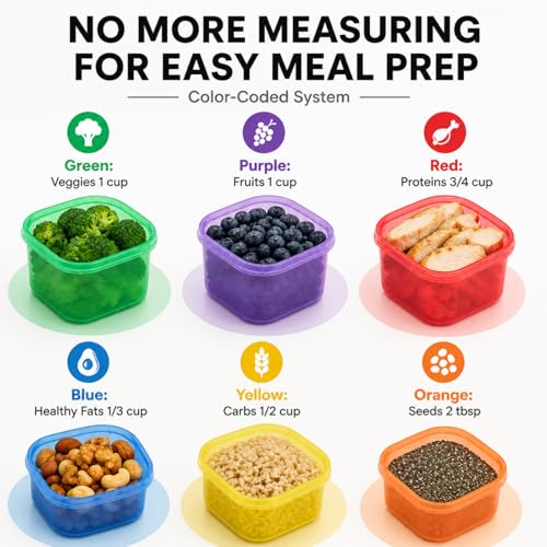 FIXBODY 7PCS Portion Control Containers, Color-Coded Labeled, 21 Day Lose Weight System (Use Guide, 21 Day Tracker and Recipe Ebook Include)