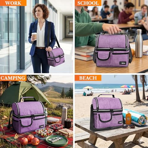 opux Insulated Lunch Bag Women Men, Dual Compartment Leakproof Lunch Box Adults Kids, Double Decker Meal Prep Bento Lunch Cooler Tote with Shoulder Strap for Work Office School Travel, Purple - color: Heather Purple
