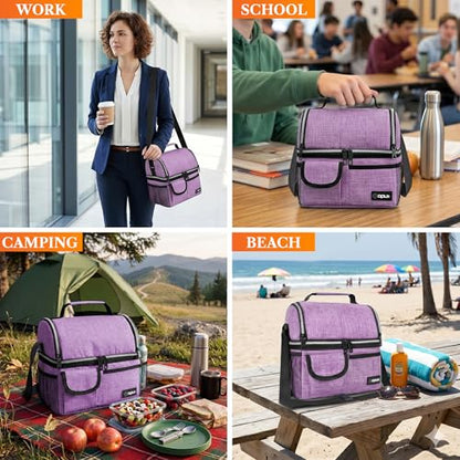 opux Insulated Lunch Bag Women Men, Dual Compartment Leakproof Lunch Box Adults Kids, Double Decker Meal Prep Bento Lunch Cooler Tote with Shoulder Strap for Work Office School Travel, Purple - color: Heather Purple