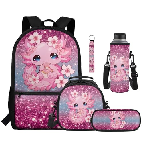 Kawaii Axolotl Kids Backpack School Set 5 Pieces with Lunch Bag Pencil Case and Water Bottle Holder Large Capacity Bookbag for Students - color: Kawaii Axolotl