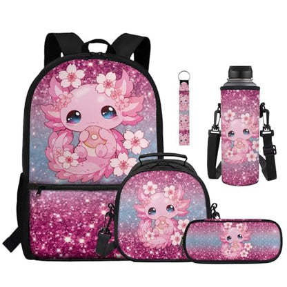Kawaii Axolotl Kids Backpack School Set 5 Pieces with Lunch Bag Pencil Case and Water Bottle Holder Large Capacity Bookbag for Students - color: Kawaii Axolotl