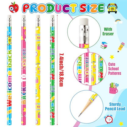 Xqumoi 60Pcs Back to School Pencils with Erasers - 4 Designs #2 HB Pencil in Bulk Welcome Back to School Stationery for Student Classroom Rewards Goodie Bag Fillers Birthday Party Favors Supplies - style: Back to School